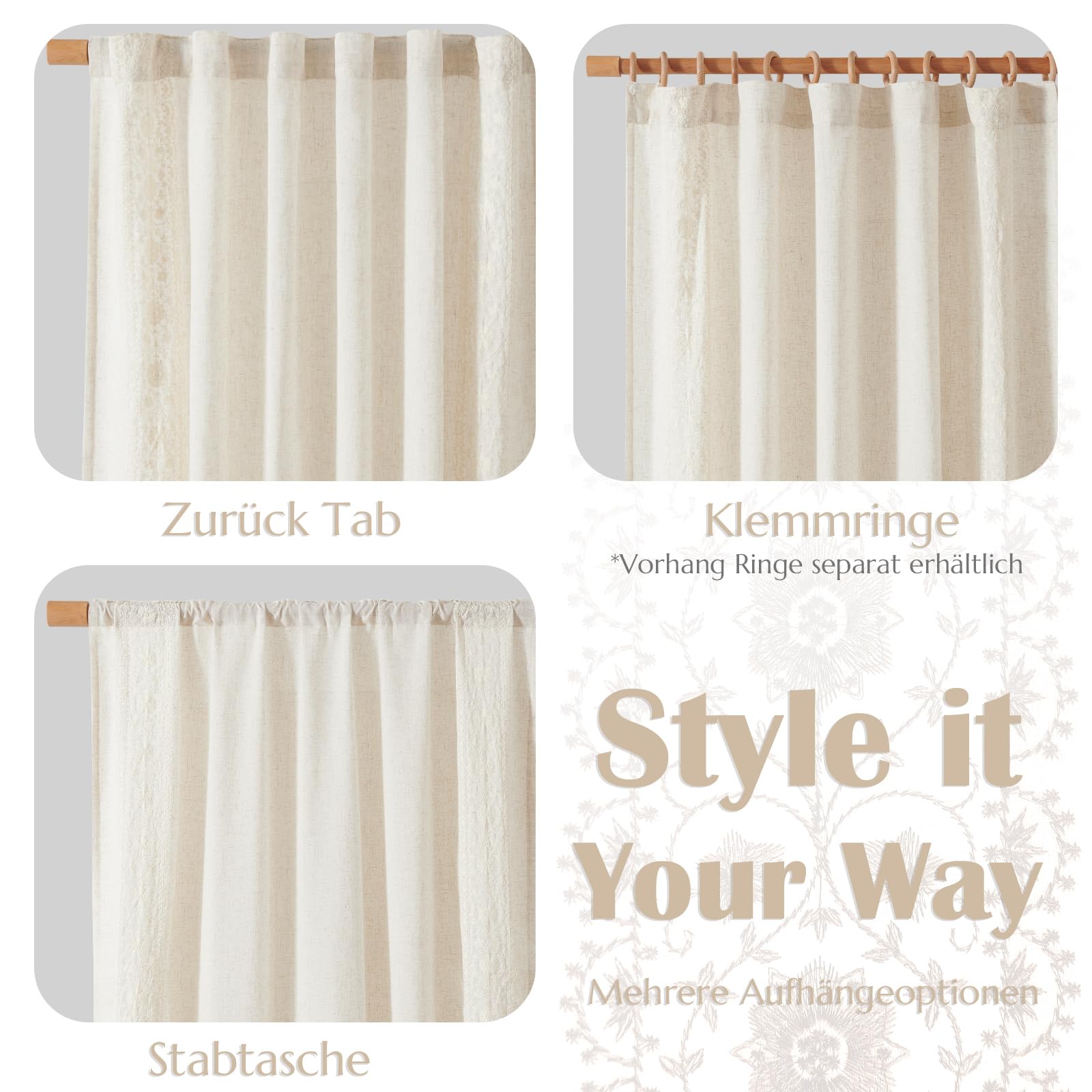 Vangao Leinenoptik Gardinen 140B x 145Hcm 2er Set Boho Stickerei Beige | Blumen Muster Vintage Vorhänge Kurz mit Verdeckten Schlaufen, Lichtdurchlässig, Wohnzimmer Schlafzimmer Küche Fenster Natur