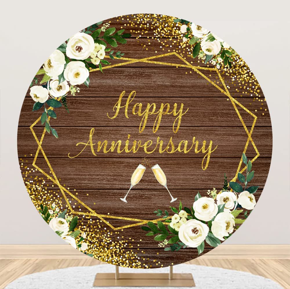 Leyiyi 7.2x7.2ft Happy Anniversary Round Backdrop Cover White Floral Love Cheers to Wedding Anniversary Party Decorations Vintage Wood Board Gold
