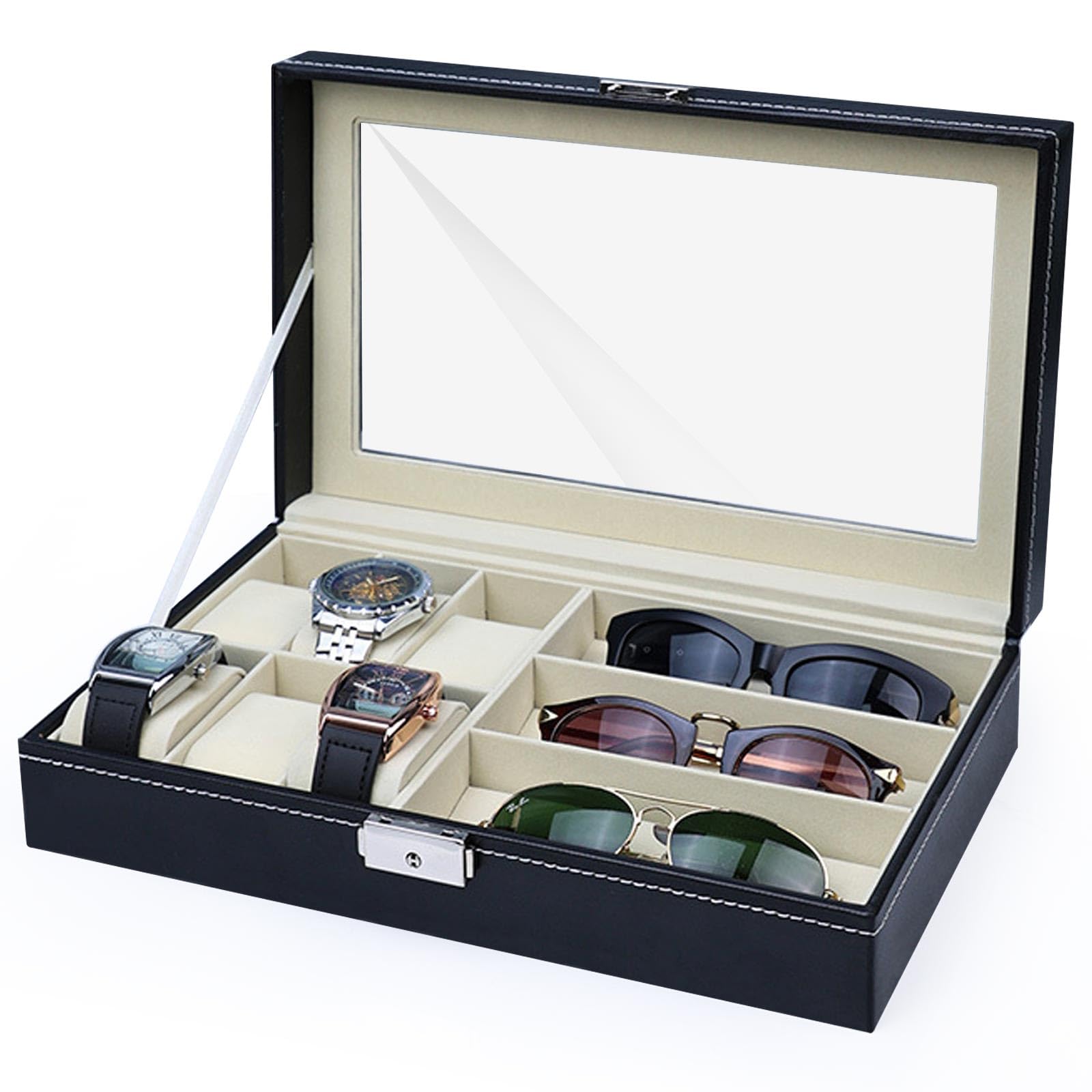 Xisakaca Watch Storage Box with Lid, Black PU Leather Glasses Case Eyeglasses Holder, Drawer Display Sunglasses Organizer for Women Men