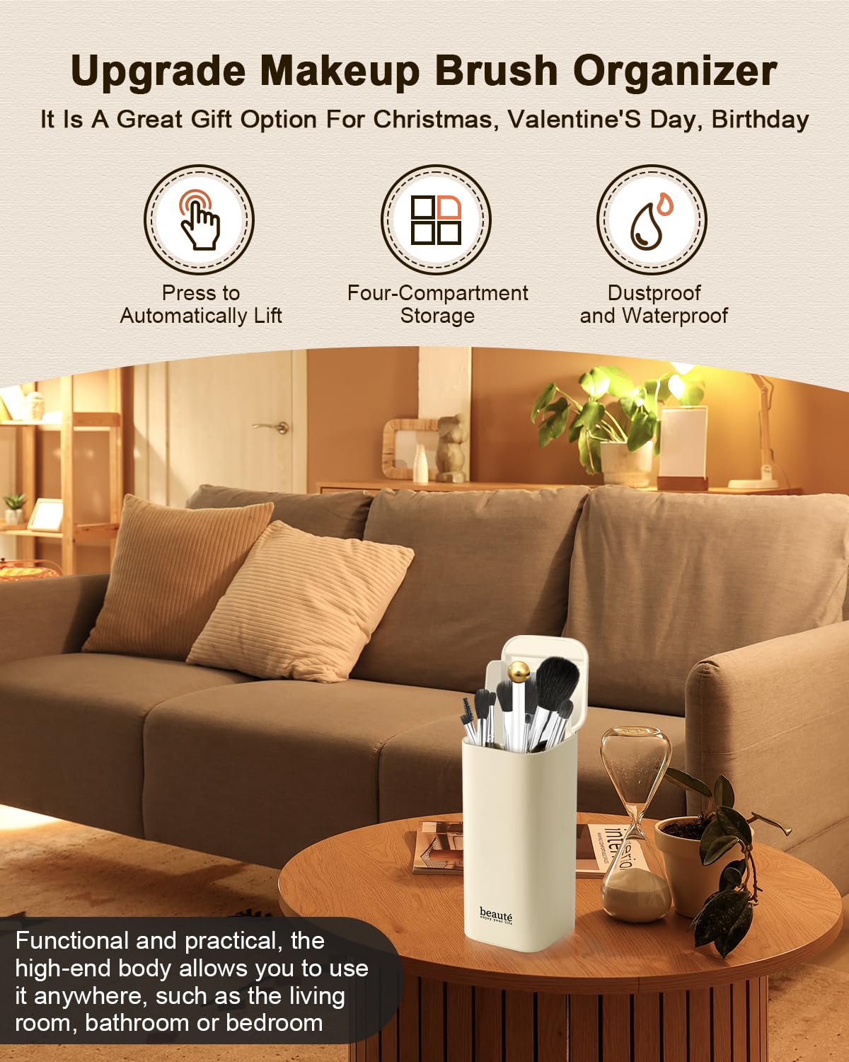 Upgrade Makeup Brush Holder Organizer with Lid, Automatic Lifting Dustproof Makeup Brushes Organizer with 4 Compartments for Vanity?Cosmetic Storage for Dresser Countertop and Bathroom (Black Gold)