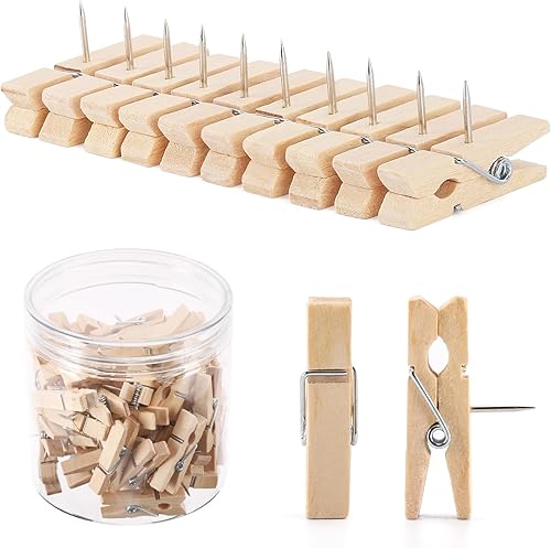 60 pines de empuje con clips de madera duraderos para tablero de corcho, obras de arte, notas, fotos, proyectos de manualidades, oficinas y hogares