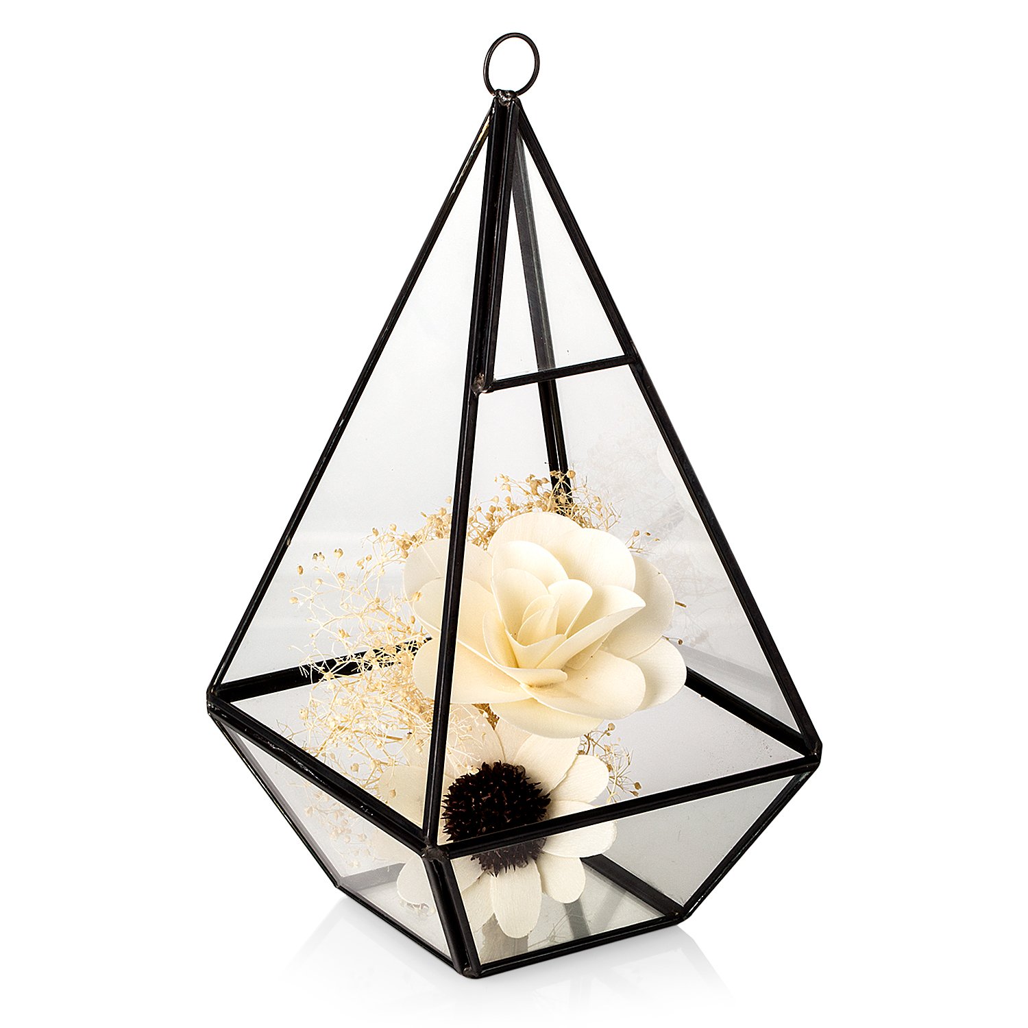 Hanging Clear Glass Prism Air Plant Tabletop Succulent Planter / Tea Light Candle Holder with 8 Model Led Light Strip and Dried Flowers