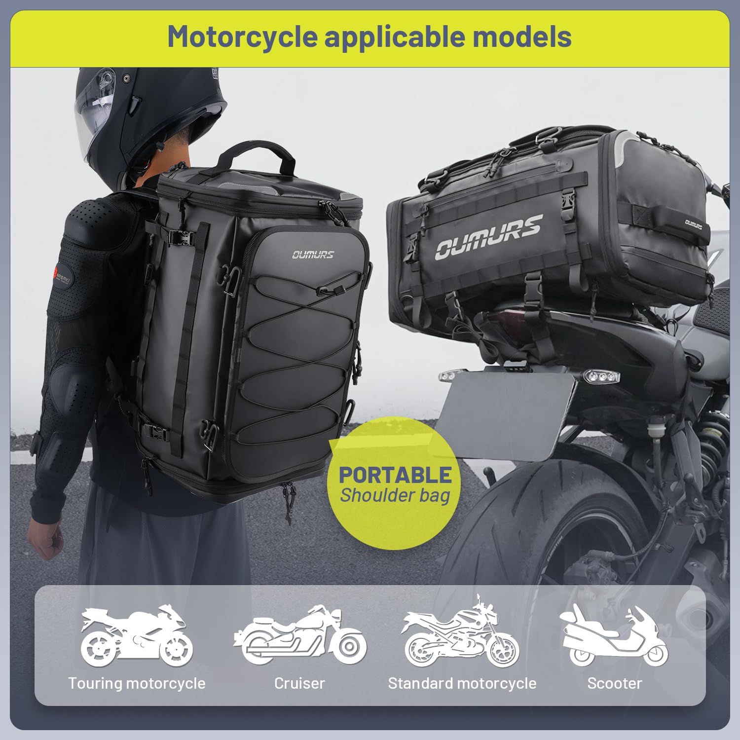 Oumurs Bolsas de equipaje de viaje para motocicleta, bolsa de cola de motocicleta expandible, 60 L, bolsas de sillín de motocicleta, bolsa de sillín de motocicleta, bolsa impermeable para casco de