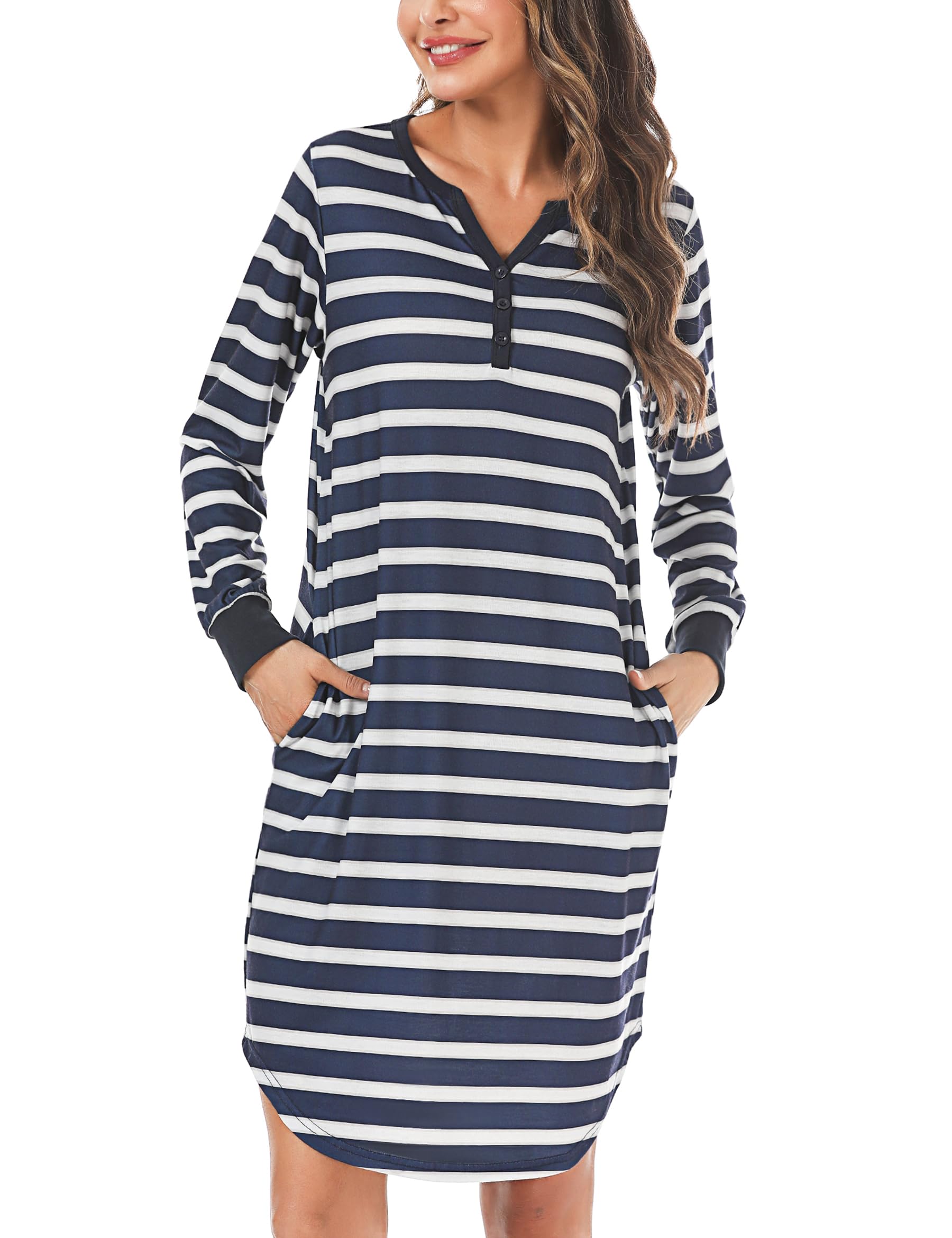 Nieery Camisones de Mujer Algodón, Camisón Corto de Manga Larga para Mujer, Camisón Rayas con Bolsillos, Camisón Mujer Dormir Botones Vestido S-XXL