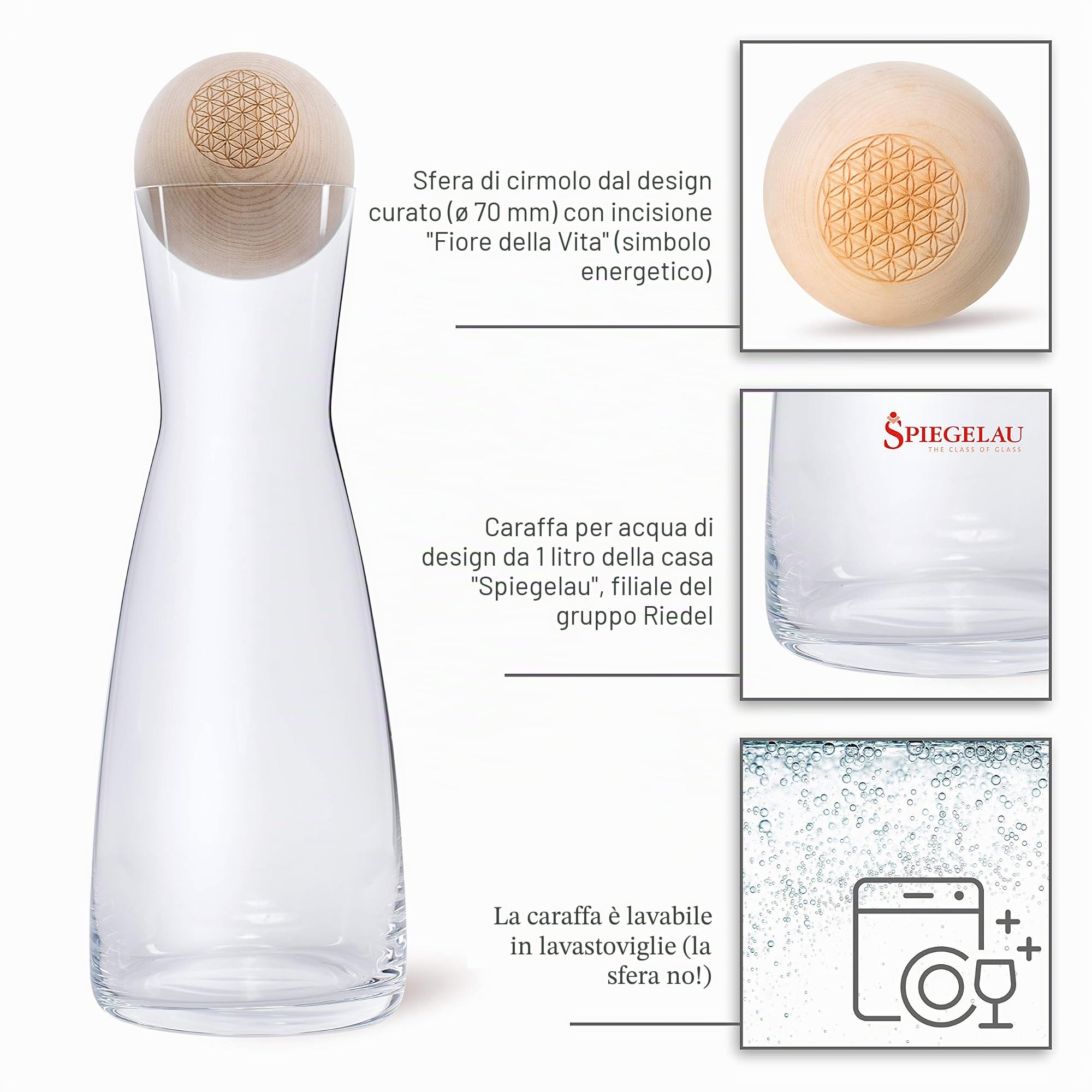 Zirben Familie Il set originale a sfera di cembro | dona all'acqua un tocco speciale | 1 litro di caraffa in vetro di cristallo con coperchio in legno di cembro | Flower des Life Edition