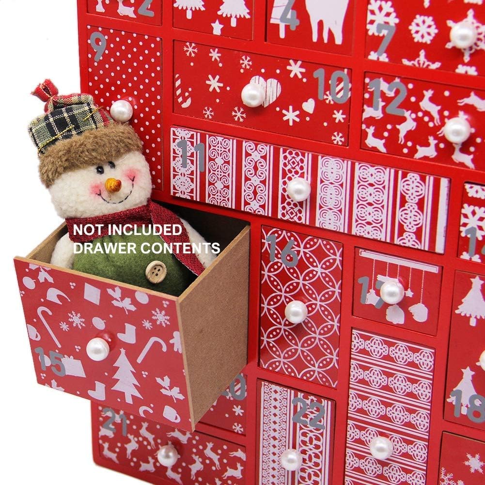 Juegoal Red Advent Calendar with 24 Drawers Countdown to Christmas, Refillable Wooden Advent, Christmas Gift for Children, 15 Inches Tall
