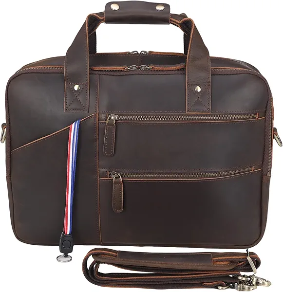 Masa Kawa Leather Briefcase for Men 15.6" Laptop Crossbody Shoulder Messenger Bag Vintage Brown Business Travel Office Work Computer Attache Case
