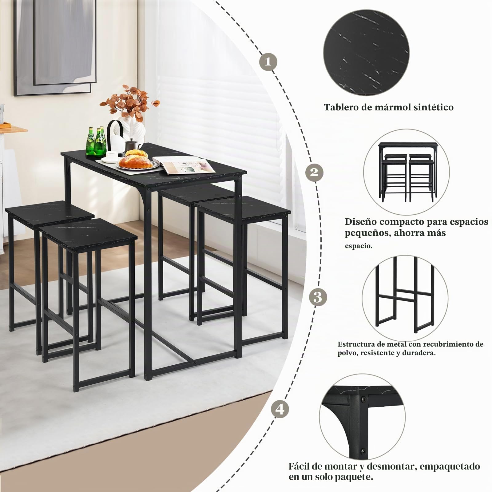 Mesa de Bar Alta Con 4 Taburetes, Juego de Comedor Para Cocina, Ahorra Espacio, Rincón Para Casa