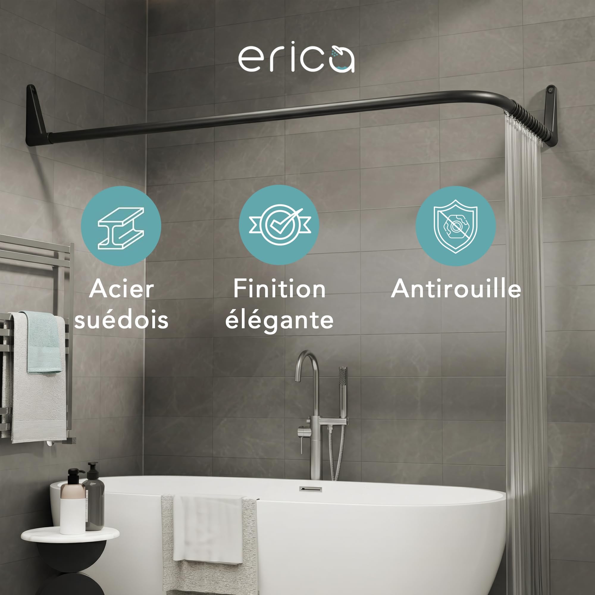 Erica Tringles de Rideau de Douche pour angle. 70x90/70x160cm Fixation pour Coins ou Baignoire, Barre de Rideau de Douche sans Support au Plafond, Revêtement en Poudre, 100% Inoxydable. Noir.
