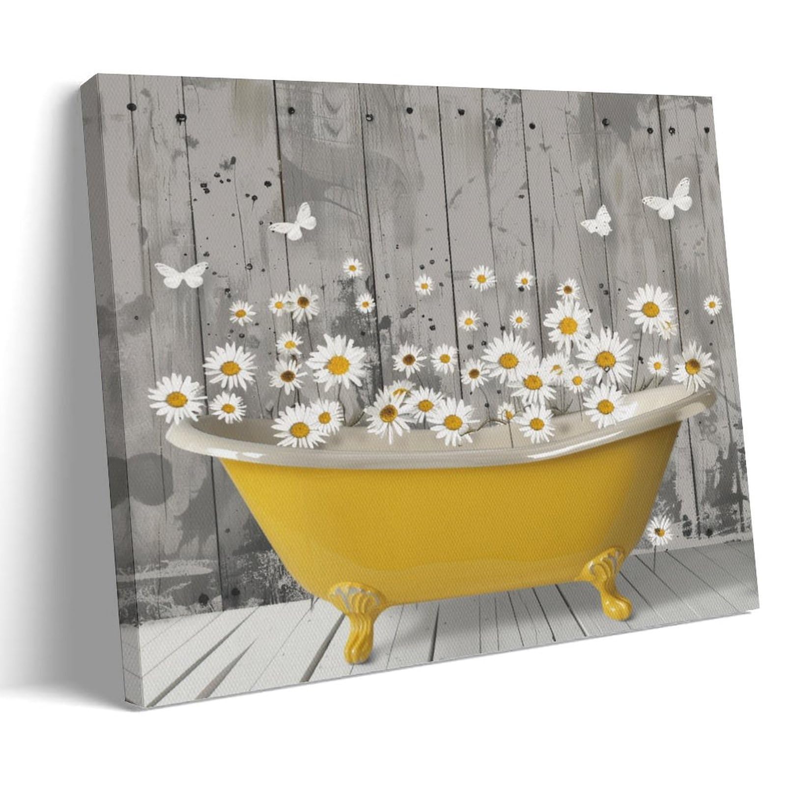 FYFMUSHE Rustic Daisy Canvas Wall Art Paintings Yellow Bathtub Natural Flowers Pictures on Canvas Prints Framed Ready to Hang Artwork for Bedroom Home Decor 12x18inch(30x45cm)