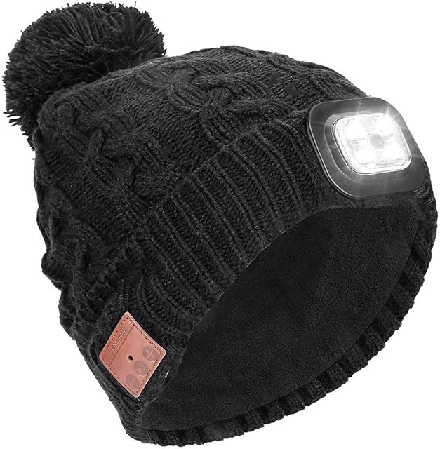 Powcan Wireless Bluetooth 5.0 Music Hat with LED Headlight Hands Free Christmas Winter Beanie Unisex Washable Rechargeable Knitted Musical Cap for Men Women Running Skiing Hiking Camping Cycling
