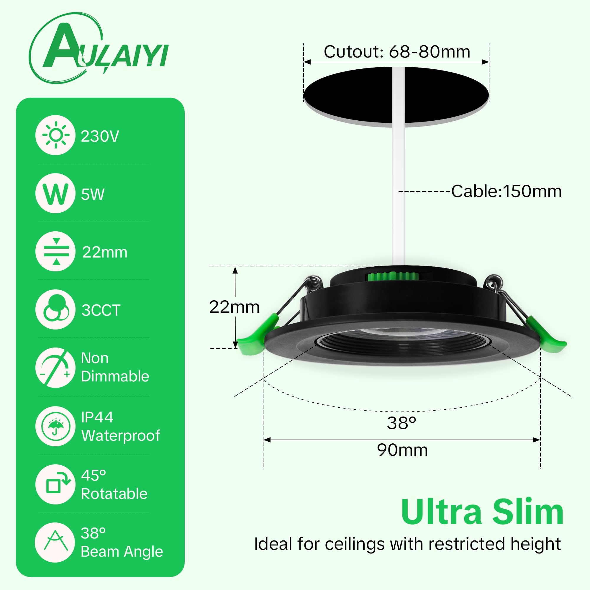 Spot LED Encastrable Orientable 230V, 5W 500LM Spots de Plafond Extra Plat Blanc Chaud Blanc Neutre Blanc Froid Réglable, IP44 Spot Salle de Bain, Trou Ø68-80mm, Noir Lot de 10