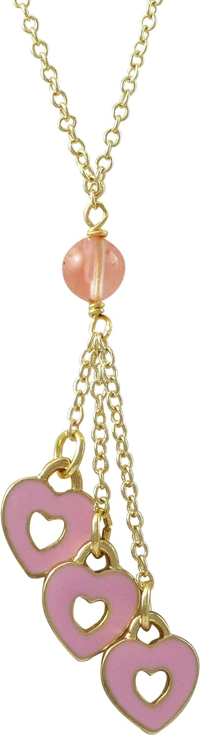 Gold Finish Light Pink Enamel Heart Girls Tassel Necklace