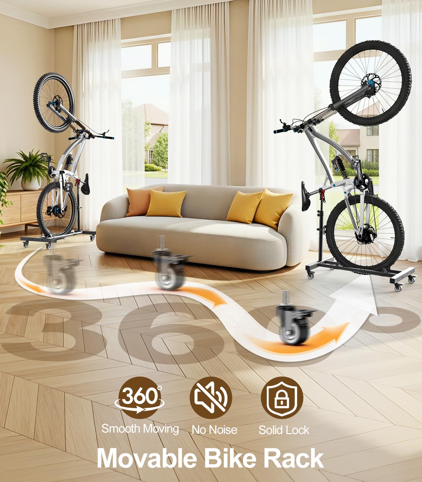 Housolution Vertical Bike Stand with 360°Wheels up to 29", [1 Pack]Adjustable Height, No Drilling holds up to 80lbs, Freestanding Bike Rack for Garage & Apartment, Bike Stand Floor for MTB/Road Bikes - 3