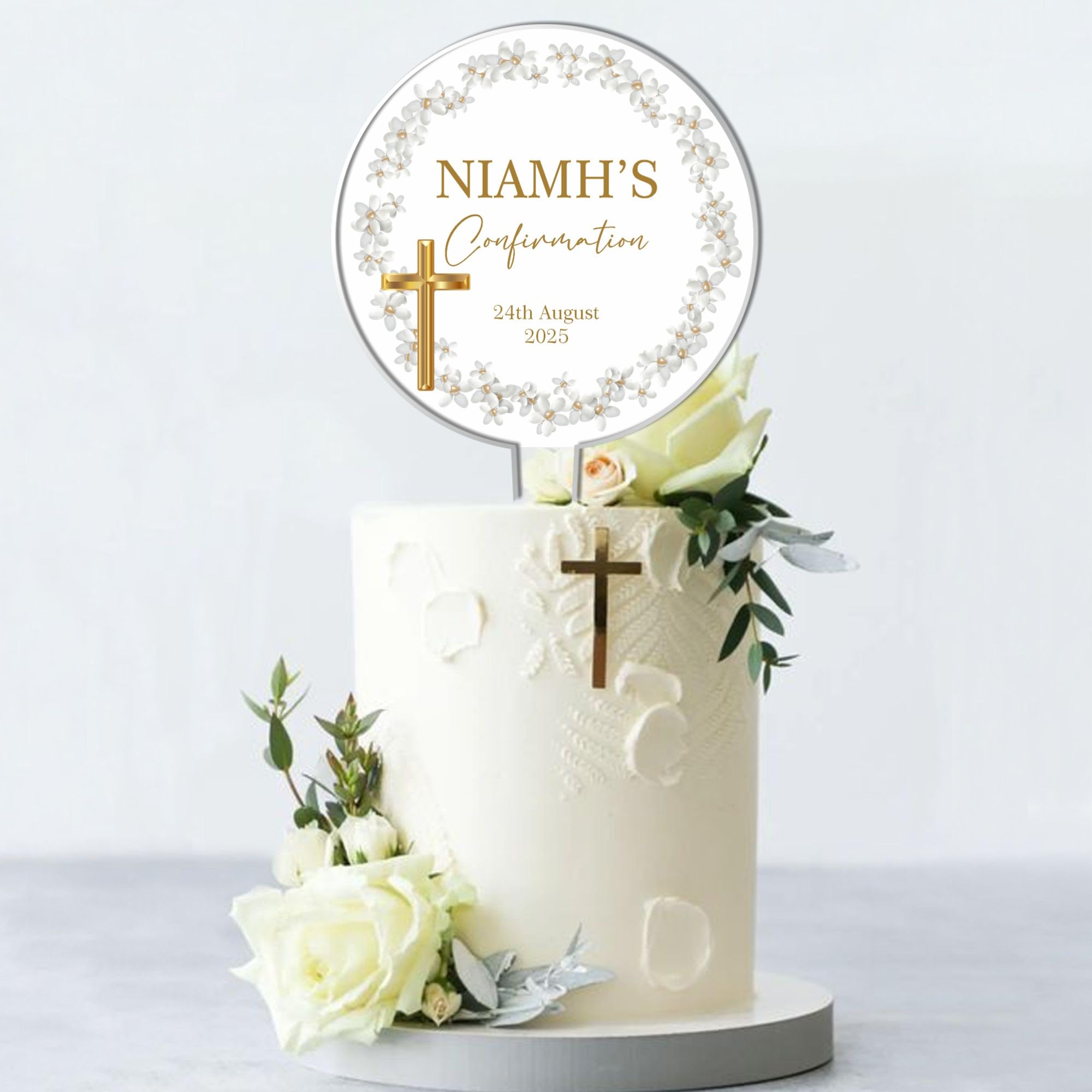 Personalised Acrylic Cake Topper for Christenings Confirmations Holy Communions – Custom Child’s Name & Date with Floral Wreath in 6 Designs (Confirmation, White Floral Wreath)