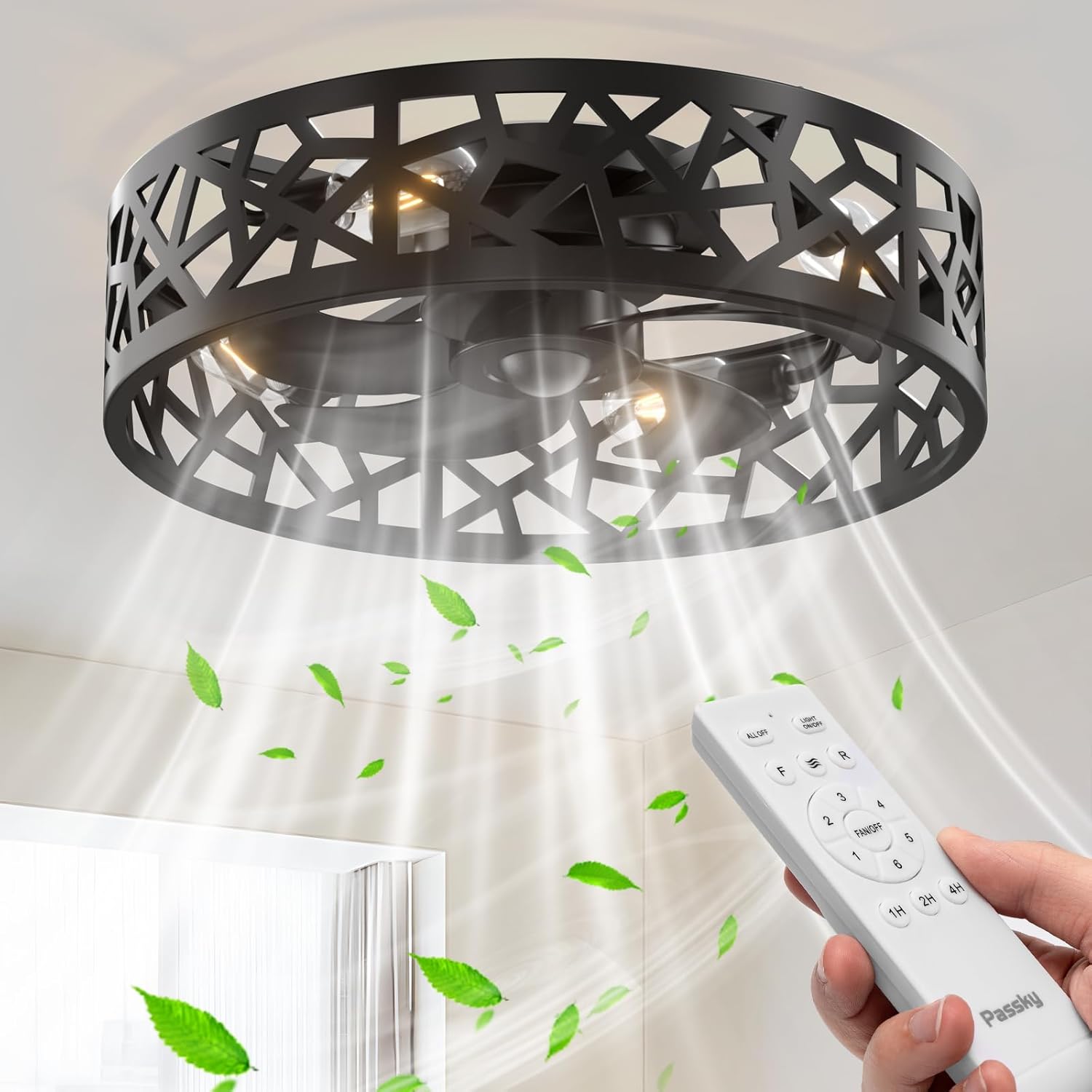 Passky 20" Fandelier Ceiling Fan with Light, Caged Bladeless Ceiling Fans with Remote, Farmhouse Flush Mount Fan for Bedroom, Kitchen, Living Room, Black