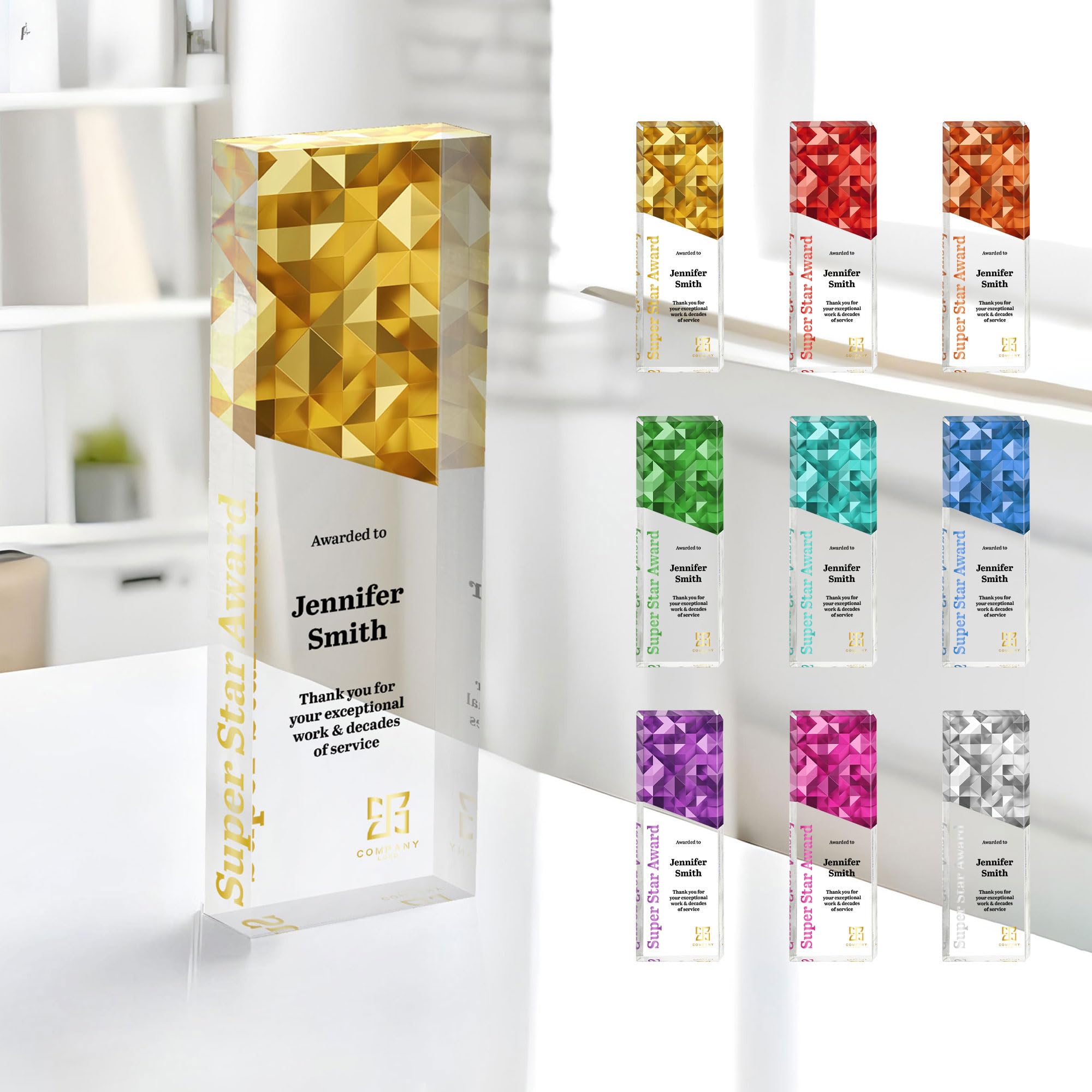 Suseaz Personalized Award Corporate Trophy Award, Customizable Acrylic & Glass Award, for Company Anniversary, Employee Appreciation, Awards Ceremony