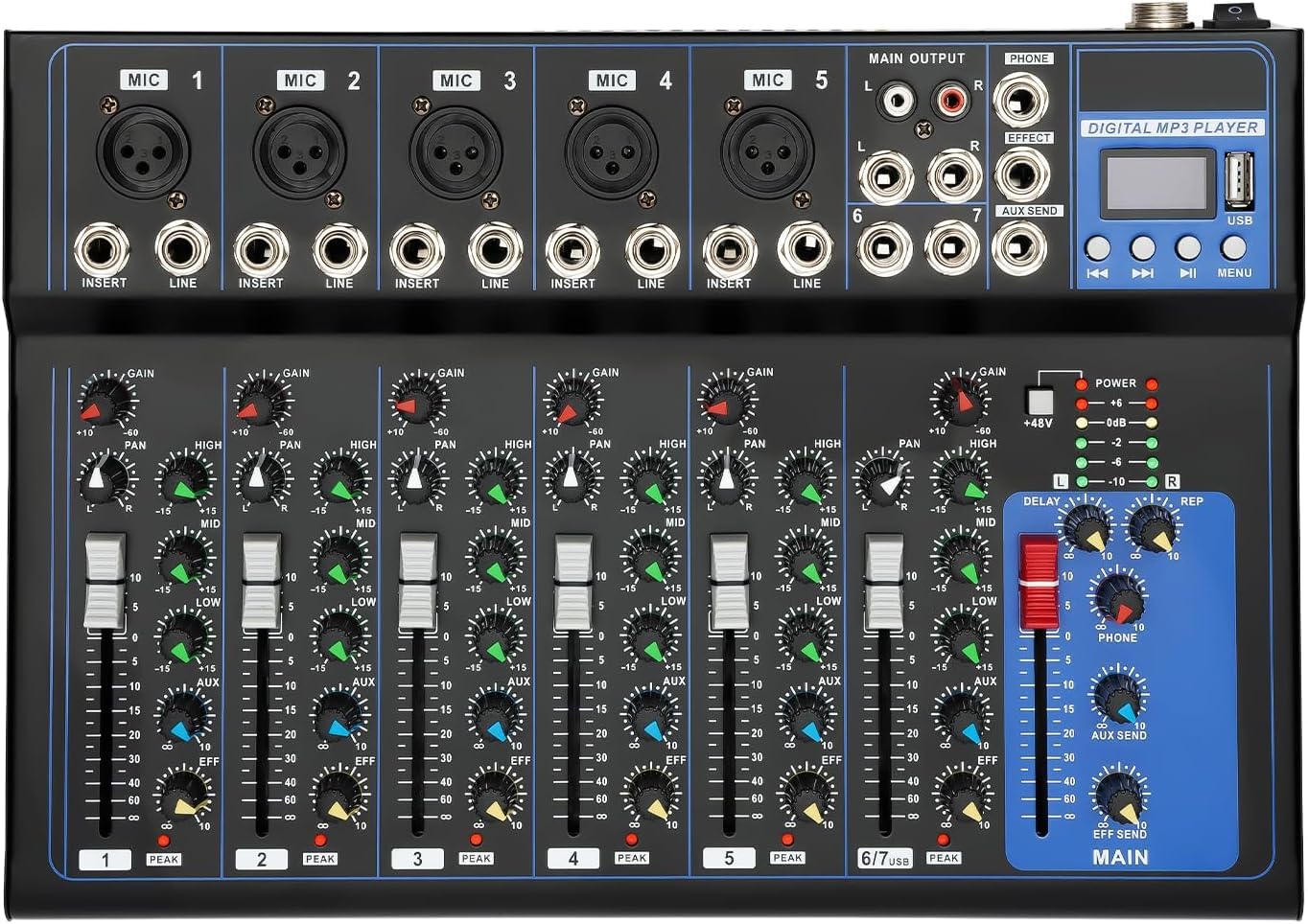 Table de mixage 7 canaux, table de mixage, enregistreur audio et USB, entrée micro 2, port USB, pour microphones, guitares, basses, claviers, mixeurs, instruments, etc