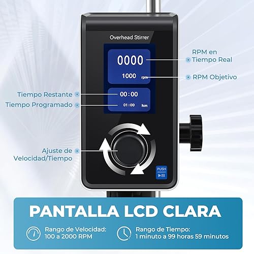 Miniatura 4 de Agitador eléctrico de 20L Max Lab Mixer con construcción duradera, 100-2000 RPM, mezclador digital LCD de laboratorio, 10,000 mPas, tiempo y
