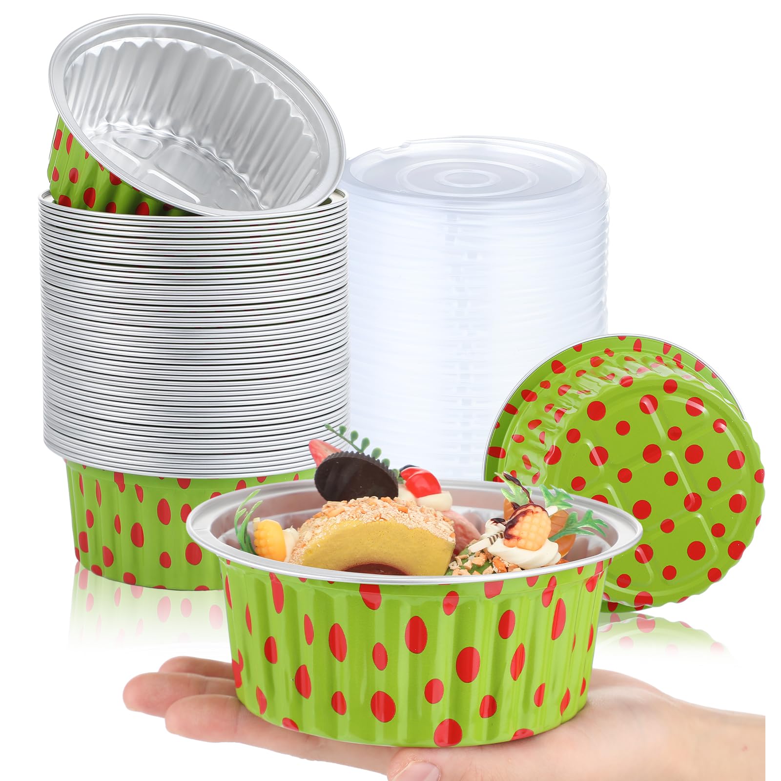 50 Pcs 1lb Christmas Bread Loaf Pans with Lids Green and Red Aluminum Loaf Pans Xmas 580ml Mini Round Disposable Baking Cupcake Tin Christmas Containers for Food Packing Gifts