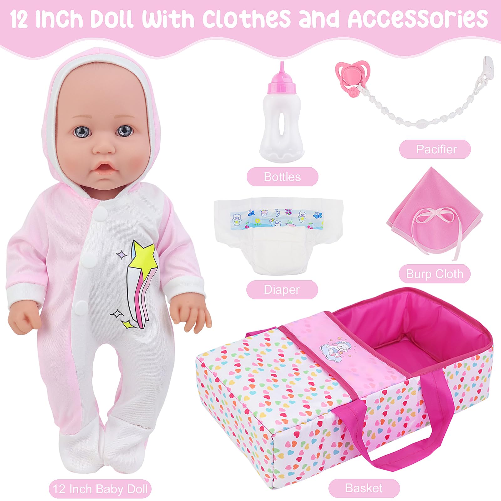 Ecore Fun 12 Inch Baby Doll with Bassinet Bed, Soft 12IN Baby Doll and Accessories Includes 12