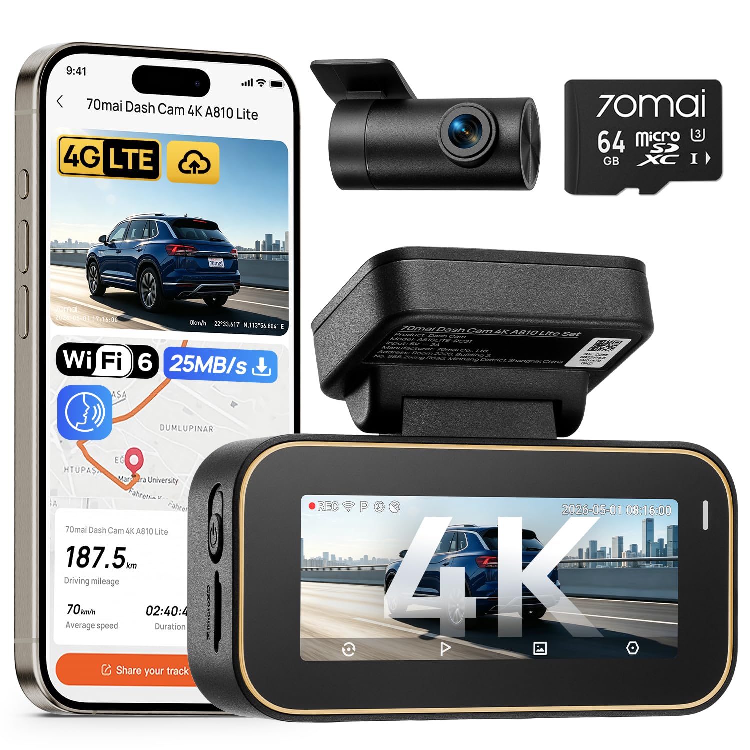 70mai A810 Lite Dash Cam Auto 4K +1080P, 5GHz WiFi, Doppia T