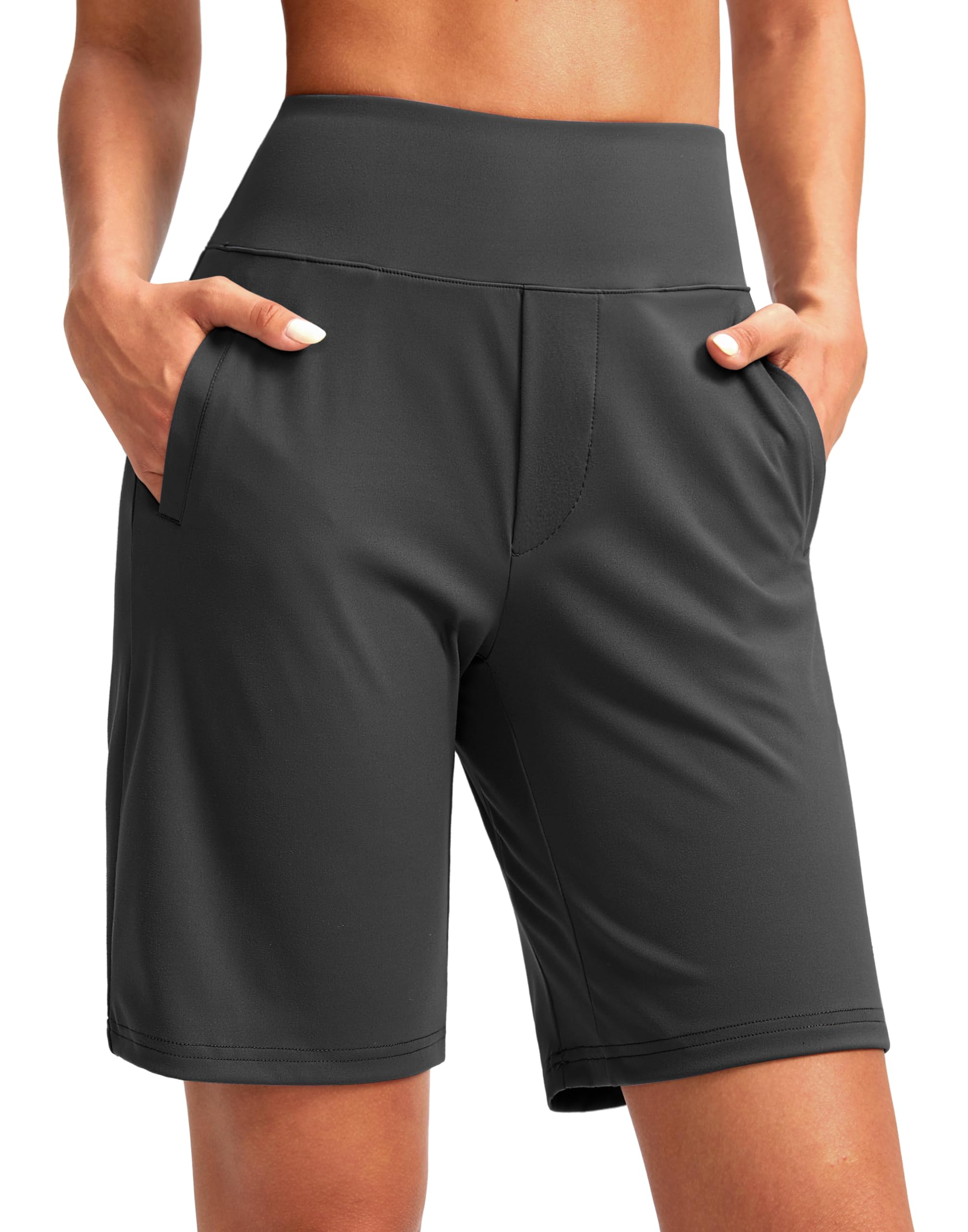 SANTINY Bermudas de cintura alta de 9 pulgadas para mujer, con 4 bolsillos, longitud hasta la rodilla, pantalones cortos largos para mujer, entrenamiento, atletismo, casual