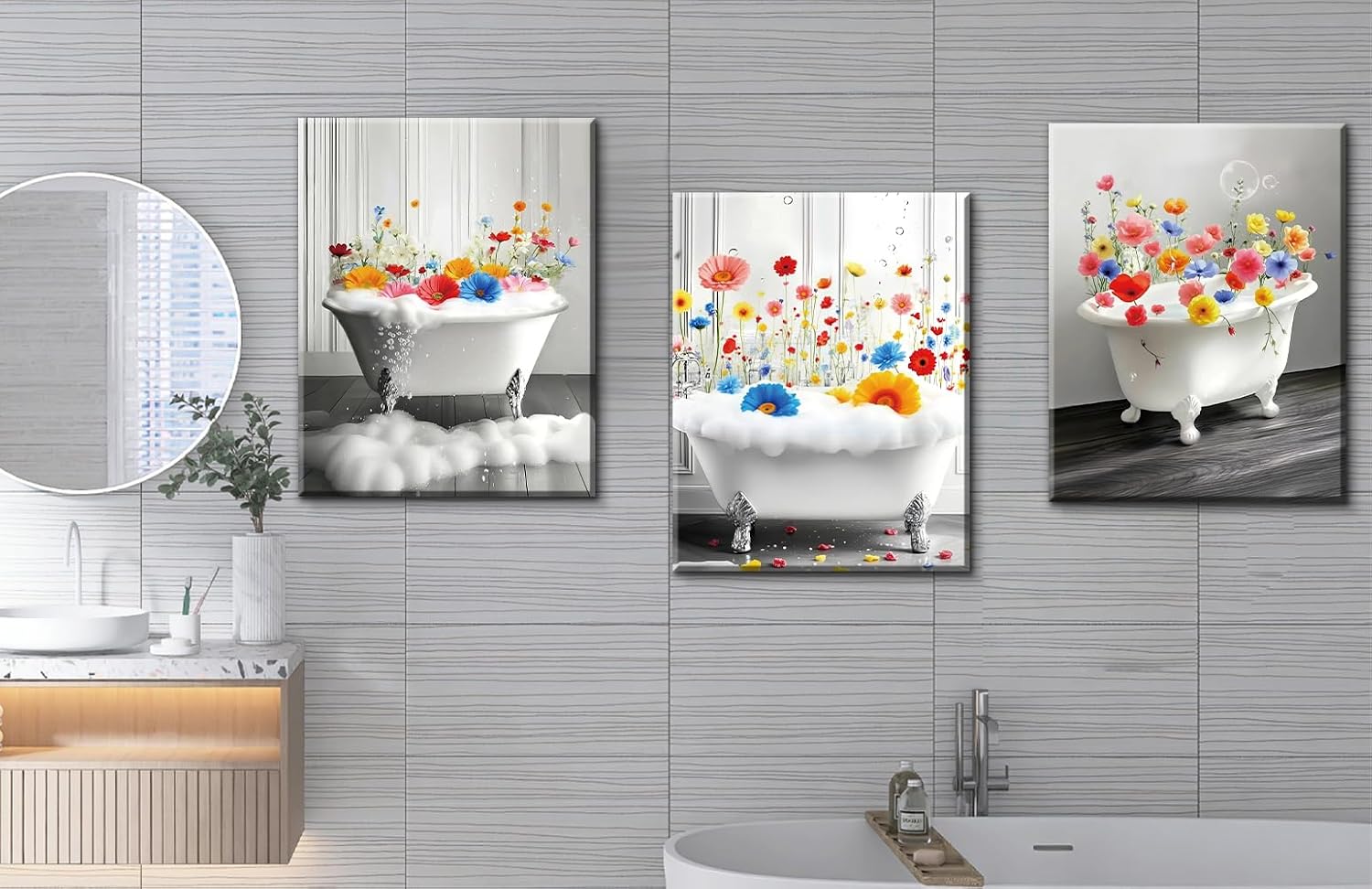 Bathroom Flowers Canvas Wall Art,Set of 3 Framed Colorful Plant Art Posters,Wildflower Pictures Wall Art Decor for Bathroom Living Room Bedroom Office Kitchen,(12x16inch