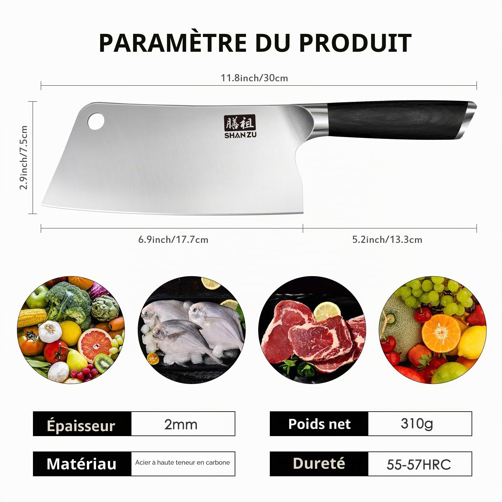 SHAN ZU Couteau de cuisine, couperet à viande avec trou de 17,8 cm, couteau de chef tranchant, hachoir à légumes japonais en acier inoxydable à haute teneur en carbone avec manche en bois de pakka