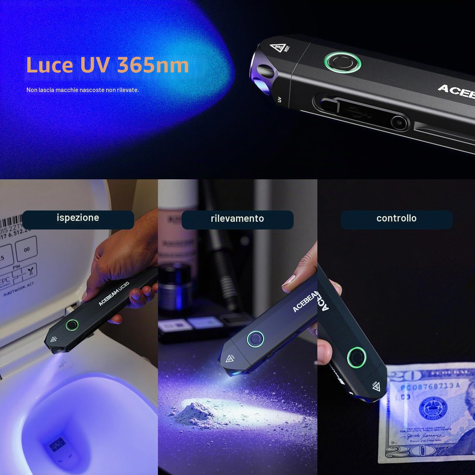 ACEBEAM UC20 Torcia Piatta Ricaricabile EDC con Luce Rossa, UV e LED Bianco Combinati, 1000 Lumen di Alta Luminosità, Torcia Compatta per Tasca, Torcia led potente professionale per Campeggio, Casa