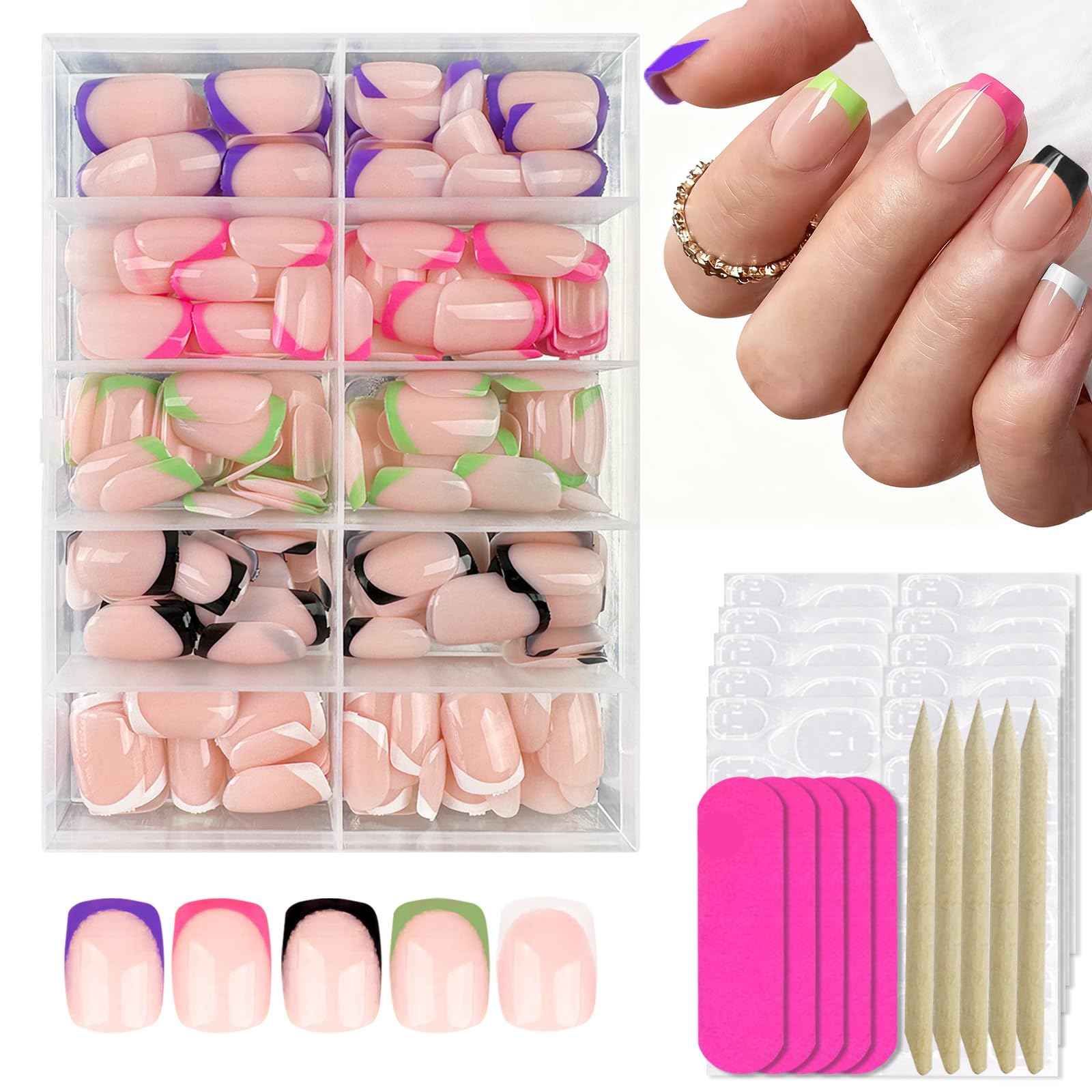 French Tip Press on Nails Short Square Fake Nails with Designs White Red Green False Nails Stick on Nails Glossy Full Cover Acrylic Nail Colorfu