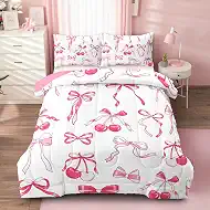 Girls Pink Bow Full Bedding Set, Cherry Bowknot Princess Comforter Set for Girls Room Decor, Cute Pink Bows Comforter Sets with 2 Pillowcases