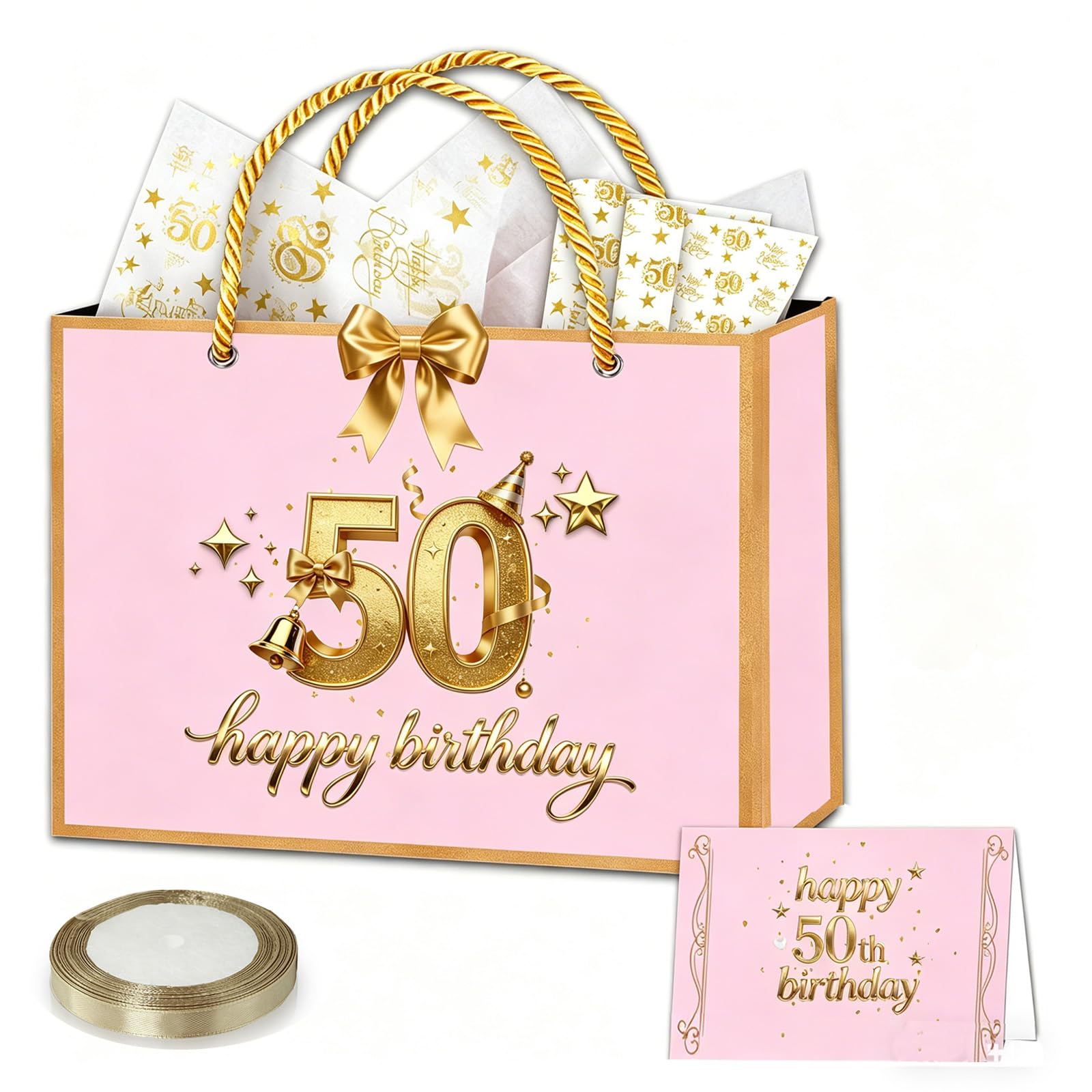 50th Birthday Gift Bag for Women, 28 * 20 * 10cm Luxury Pink Birthday Party Gift Bag Medium with 50th Tissue Paper Sheets Card and Ribbon for Ladies Her Female 50 th Birthdays Present Decorations