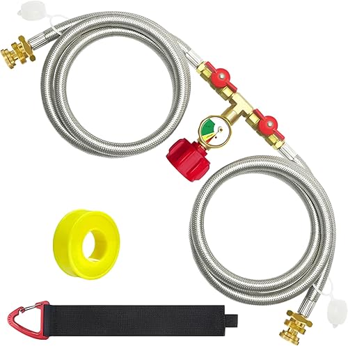 Manguera adaptadora de propano de 2 vías mejorada de 5 pies, manguera divisora en Y de propano trenzada de acero inoxidable, convertidor de 1 lb a