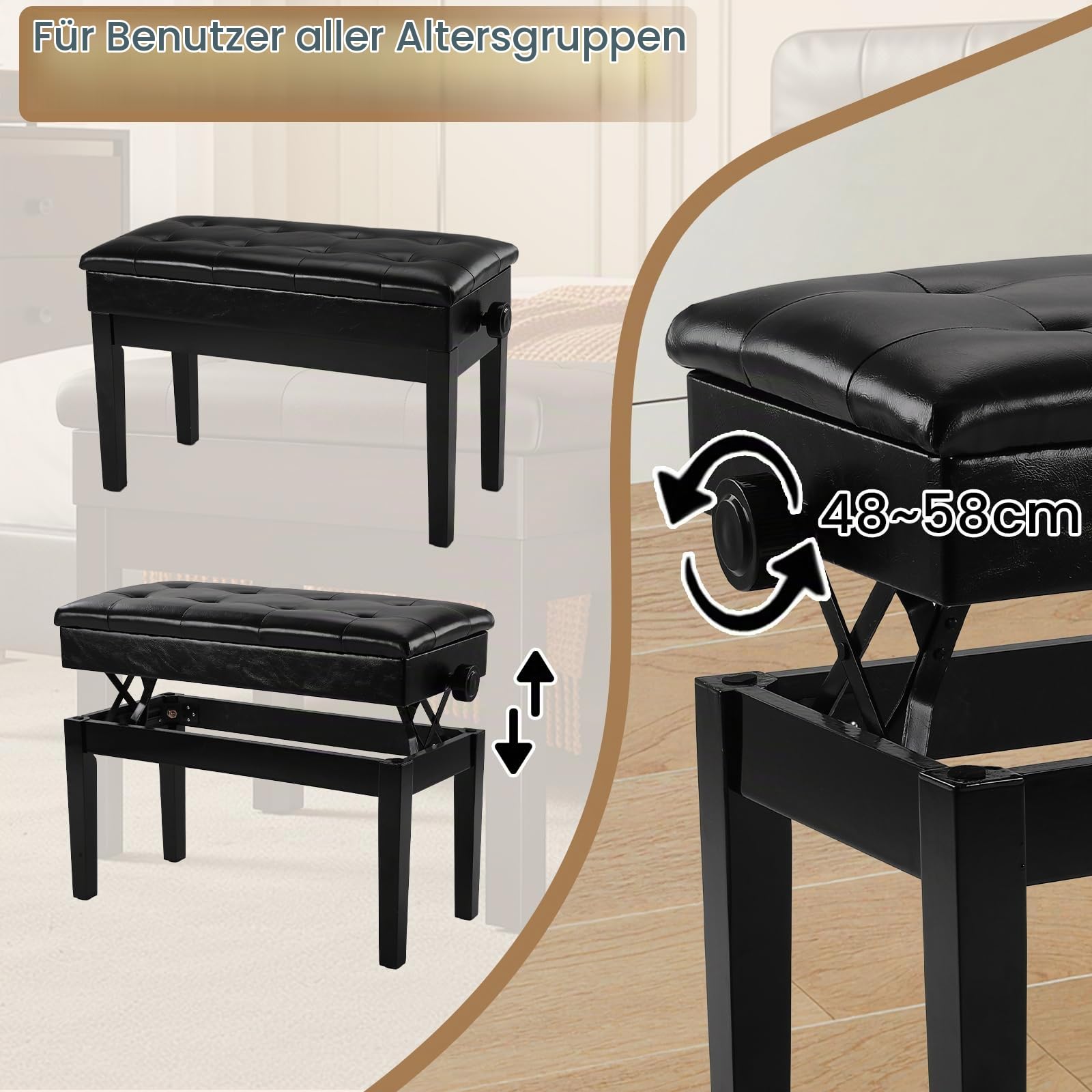 Clevich Klavierhocker Höhenverstellbar 48-58CM, Pianobank mit Stauraum 73× 34× 48cm, Klavierbank mit PU Lederkissen, Klavierstuhl Heavy Duty, Tastatur Piano Bench bis 200KG Belastbar, Schwarz