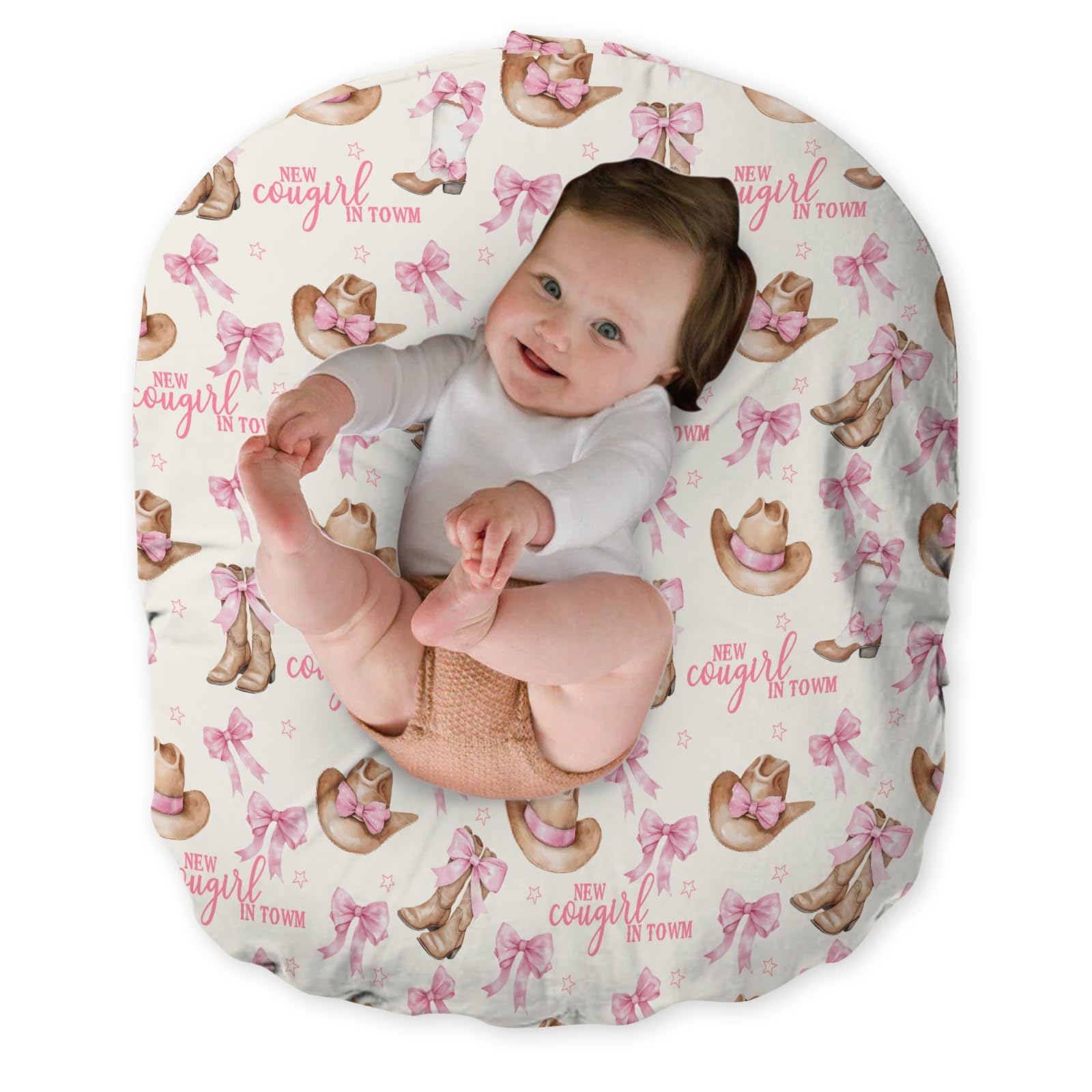 EyMzcod Newborn Lounger Pillow Cover Western New Cowgirl in Town, Pink Bow Ribbon Boot Hat Baby Girl Shower Gift Removable Slipcover, Soft Snug Fit