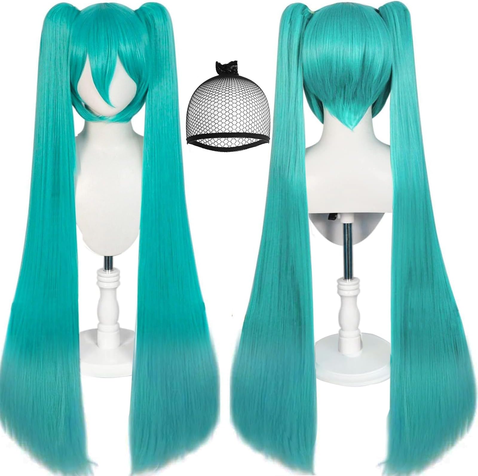 120CM/47inches Green Wigs【+Hair Cap】 Long Greenish Wig with 2 Ponytails for Women Long Straight Green Wigs with Bangs for Cosplay Wig Synthetic Hair for Halloween Christmas Party
