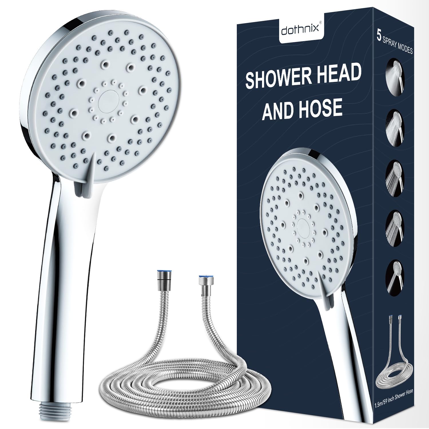 dothnix Shower Head and Hose 1.5m，High Pressure showerhead with 5 Spray Modes, Universal Handheld Shower Head for Low Pressure