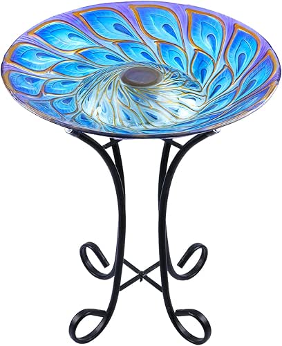 MUMTOP Outdoor Glass Bird Bath Solar Birdbaths with Metal Stand