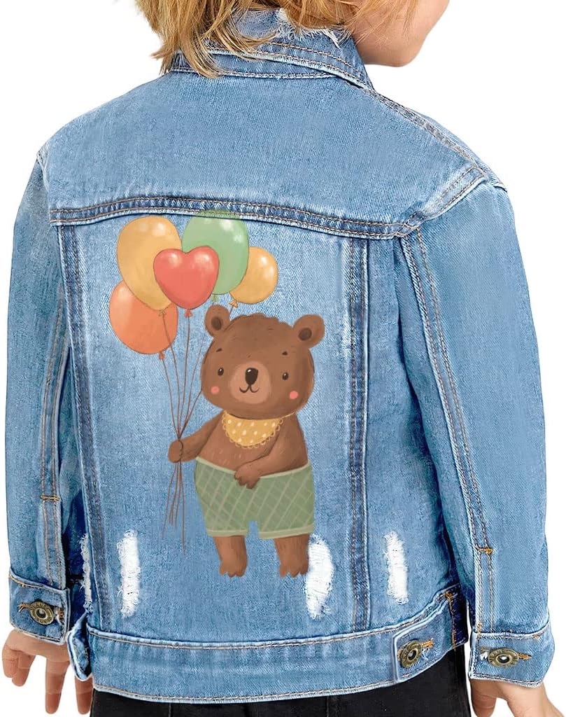Bear Design Toddler Denim Jacket - Cartoon Print Jean Jacket - Themed Denim Jacket for Kids