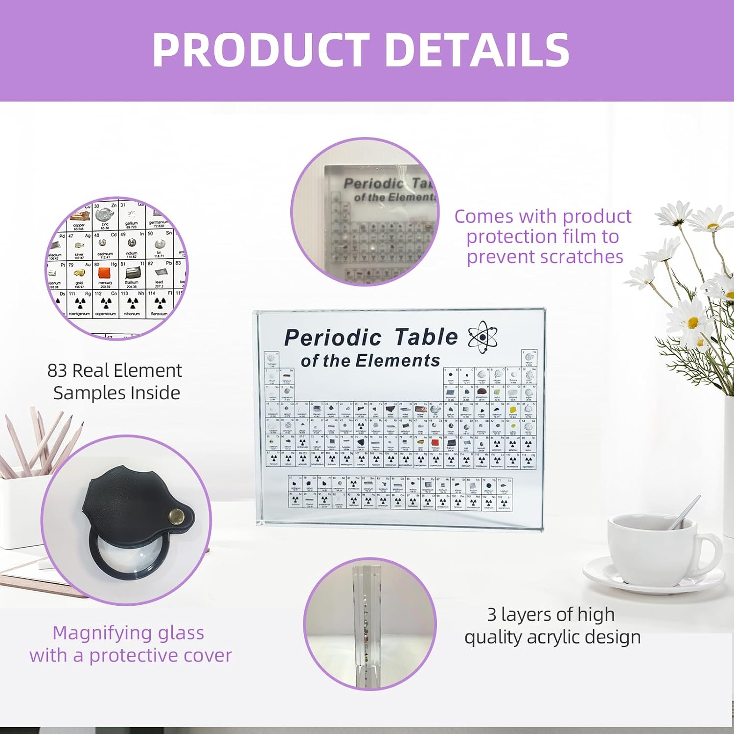 Periodic Table with 83 Real Elements Inside, Periodic Table of Elements & Magnifying Glass, Creative Gift for Teachers, Parents, Friends and Students