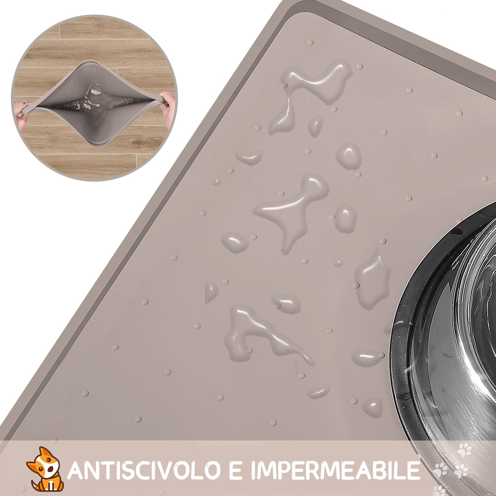 MateeyLife Tappetino Sottociotola per Cani Grande, Antiscivolo Tappetino Silicone Ciotole per Cani, Tappeto Ciotole Cane, Tovaglietta Silicone Cane, Sottociotola Cibo Gatti con Bordo, 60 x 40 cm