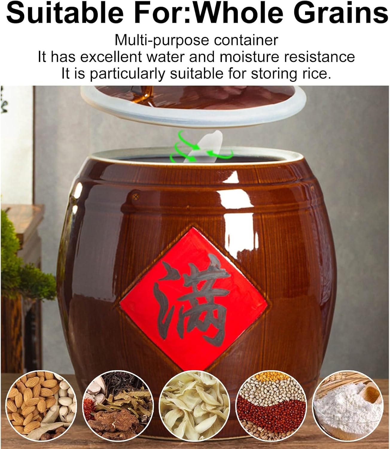 Chinese Ceramic Rice Jar with Lid Ceramic Rice Container Storage Jars Large Sealed Grain Dispenser Ceramic Nuts and Grain Storage Container for Rice Flour Candy Coffee(10kg)