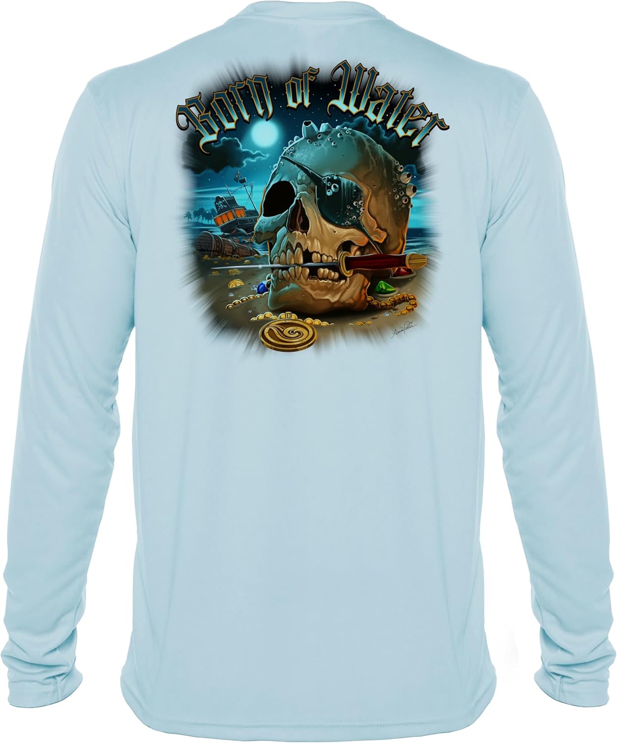 Born of Water Pirate Skull T-Shirt: Mens UV Protection - Long Sleeve