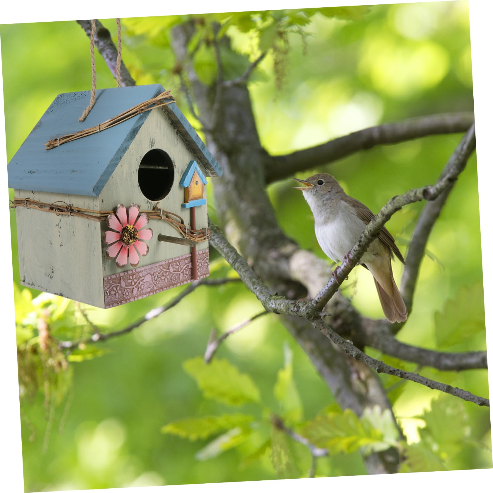 Holz Vogelhaus Wildvogelhaus zum Aufhängen Garten Papageien Futterstelle mit Schutzdach Grün Gartendekoration Vogelbeobachtung Terrassen Nistkasten
