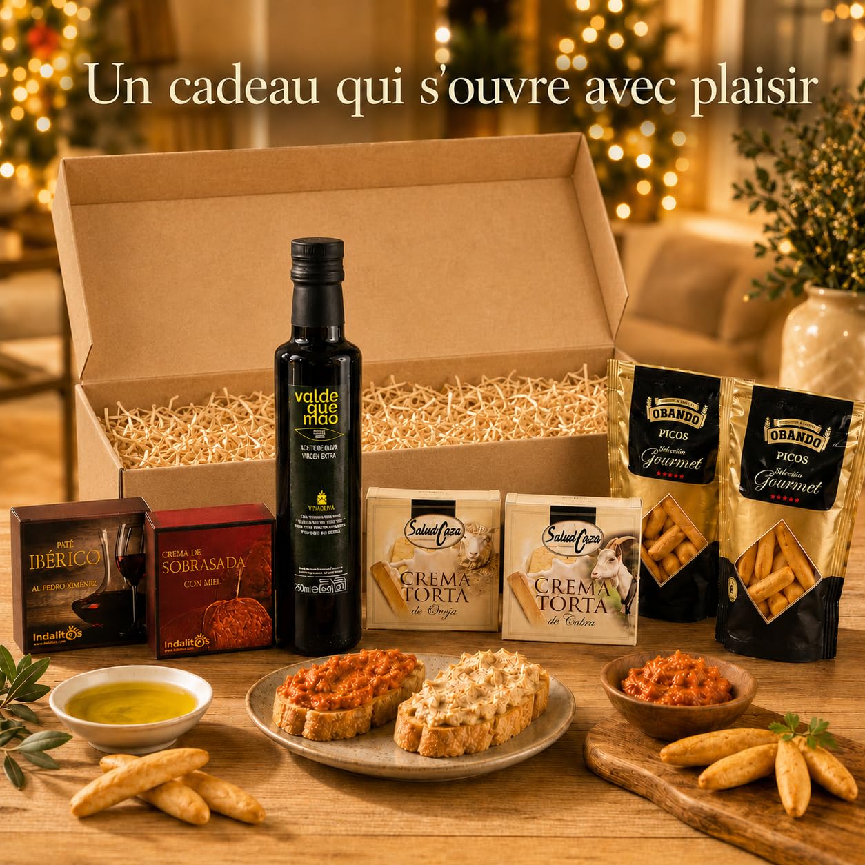 Panier gourmand a offrir, panier garni a offrir ACROL - Huile d'olive vierge extra 250ml, Pates iberiques, Fromages et picos artisanaux - Coffrets cadeaux gourmets · Cadeau Remerciement Maitresse