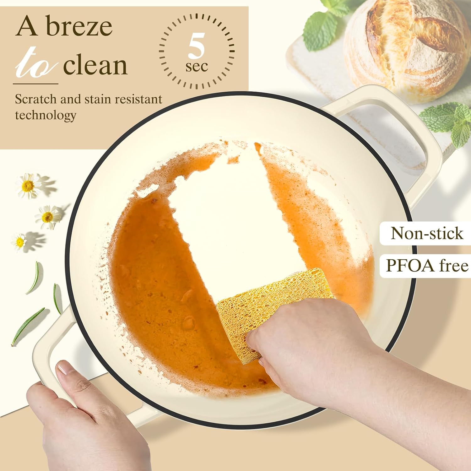 Enameled Round Cast Iron Bread Oven, 6 Qt Cast Iron Dutch Oven for Homemade Sourdough Bread Baking, Bread Pot with Dome Lid & Cotton Potholders (Cream White) - Image 5