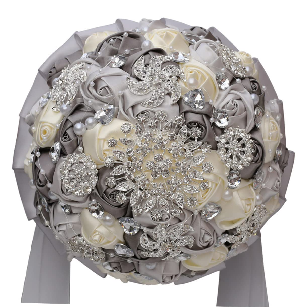 Cabilock Bouquet da Sposa Artificiale Nastro e Strass, Effetto Realistico, per Matrimonio e Decorazione Tavolo in Salotto, Argento