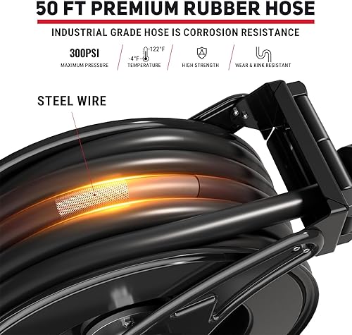 Miniatura 3 de Carrete de manguera de combustible de 34 pulgadas x 50 pies, carrete de manguera diésel retráctil de 300 PSI, carrete de soporte de manguera de