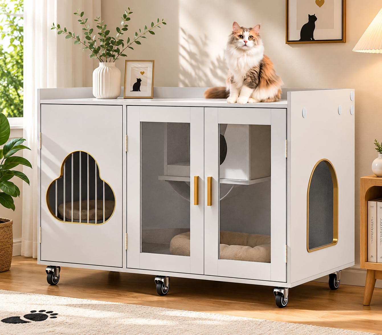 Large White Cat Litter Box Enclosure with Glass Doors, Modern End Table